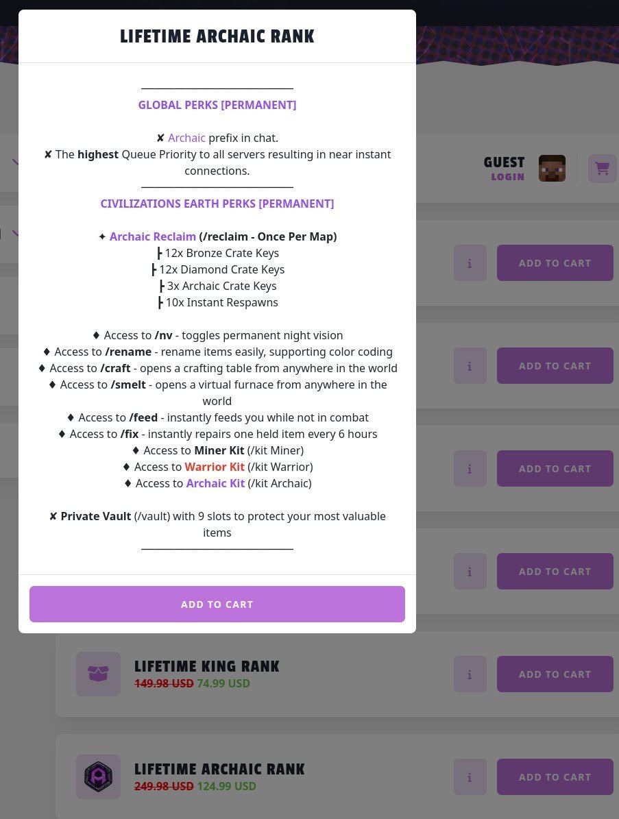 I actually thought Archaic was going to be "GOOD". But, of course I was wrong, I'm always wrong! Just another P2W Minecraft server on 1.20+. I'm still going to play, hopefully the server is good (So far the ranks are worrying me).