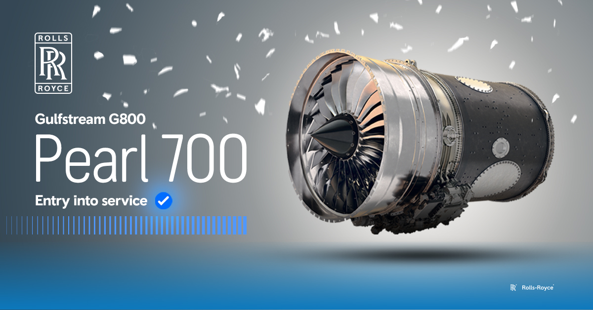RollsRoyce's tweet image. Blazing speed, record-breaking range, and game-changing efficiency: The #Pearl700-powered @GulfstreamAero #G800 just entered into service. It’s the fourth application for our Pearl engine family, positioning us for sustainable and profitable future growth.…