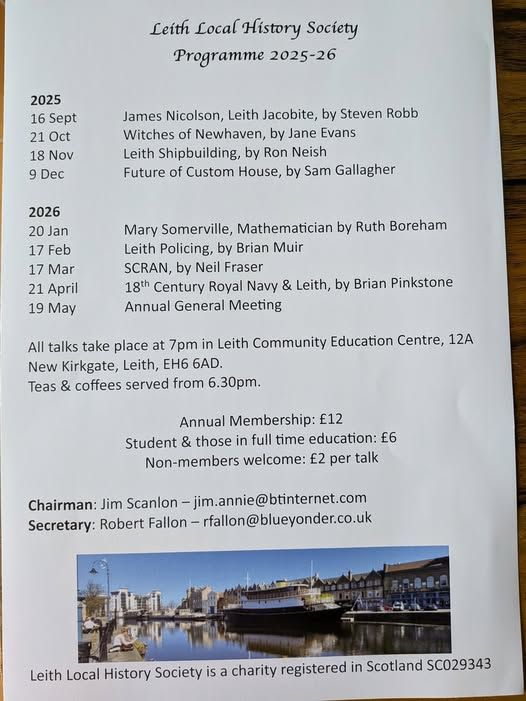 Old Edinburgh Club (@oldedinclub) on Twitter photo Details of the programme of talks for 2025/2026 for Leith Local History Society. Details of the programme of talks for 2025/2026 for Leith Local History Society.