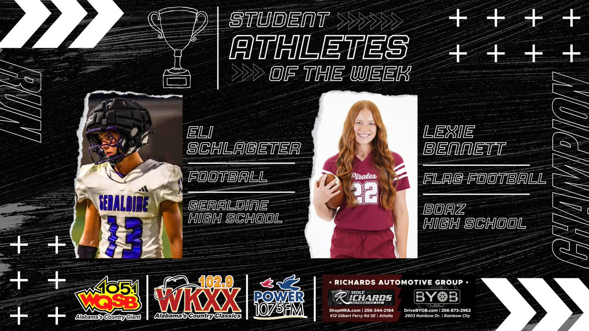 qsbscoreboard's tweet image. Congrats to this week’s WQSB Student-Athletes of the Week: Eli Schlageter (Geraldine) &amp;amp; Lexie Bennett (Boaz)! They’ll receive our trophy &amp;amp; a station t-shirt. Sponsored by Mike Richards Automotive and Bring Your Own Bids Retail. Nominate at WQSB.com!