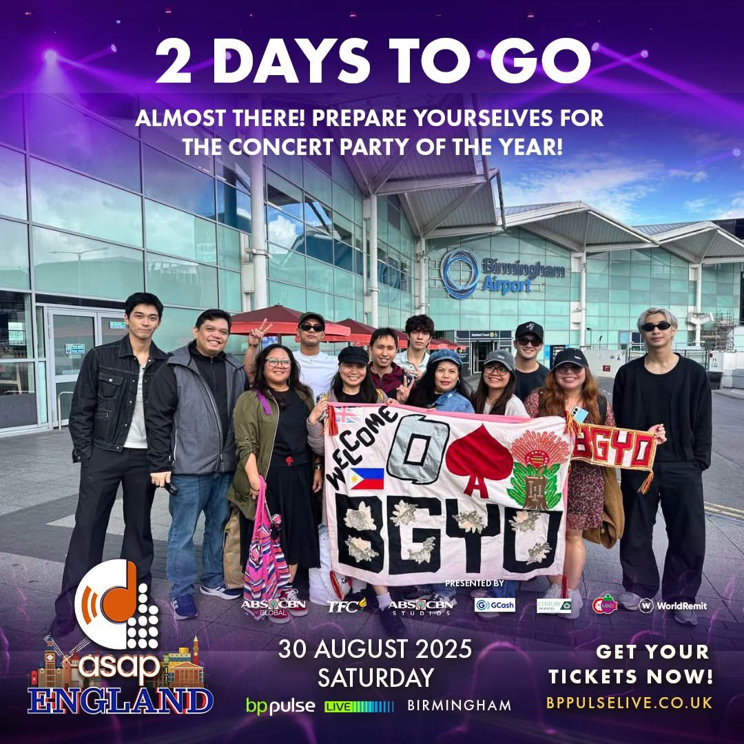 Touchdown in England! BGYO is here! Get ready Kapamilyas! ❤️💚💙

2 DAYS TO GO, #ASAPEngland na! Habol na sa tickets at bit.ly/asap-natin-to-…! ✨

#ASAPEngland #ASAP30 #BGYO