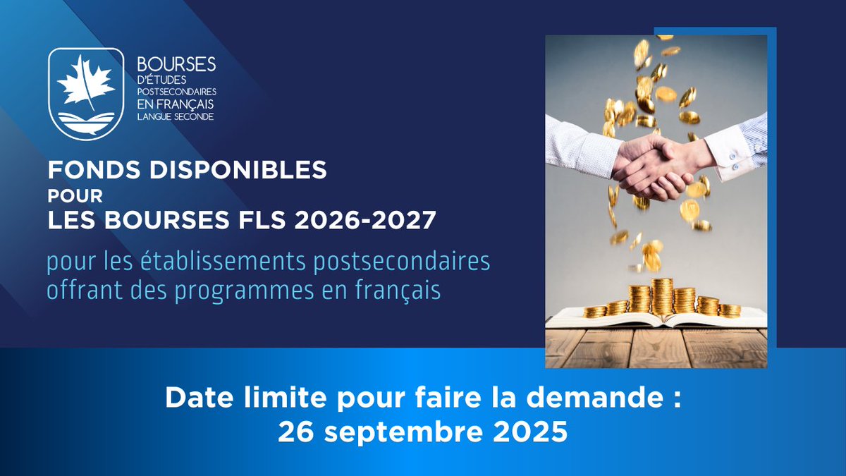 BOURSES FLS - APPEL DE PROPOSITIONS
Des fonds pour les bourses FLS 2026-2027 sont disponibles pour les établissements postsecondaires du Canada offrant des programmes en français.
Date limite des demandes : 26 septembre 2025. ACUFC.ca/boursesFLS-adp/
#bourseFLS #boursesFLS