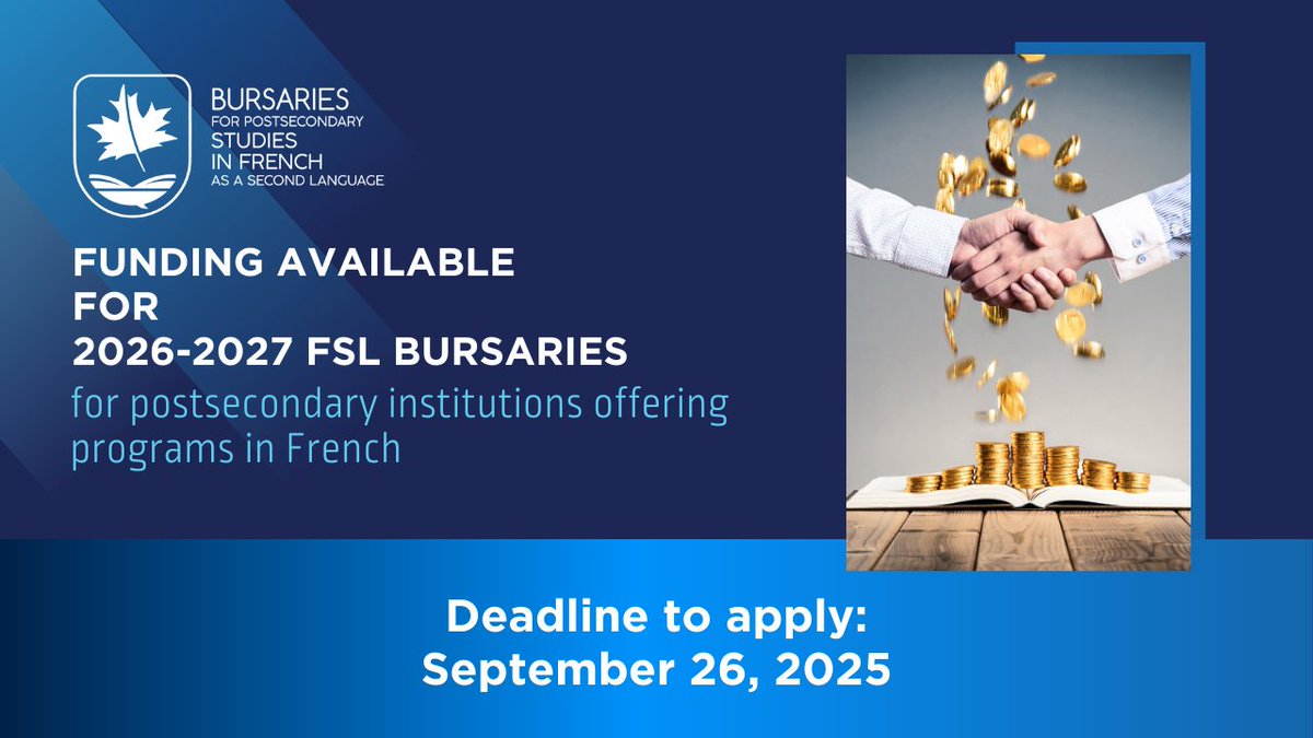 FSL BURSARIES - CALL FOR PROPOSALS
Funds for 2026-2027 FSL bursaries are available to Canadian postsecondary institutions offering programs in French.
Deadline to apply: September 26, 2025. ACUFC.ca/FSLbursaries-c…
#FSLbursary #FSLbursaries