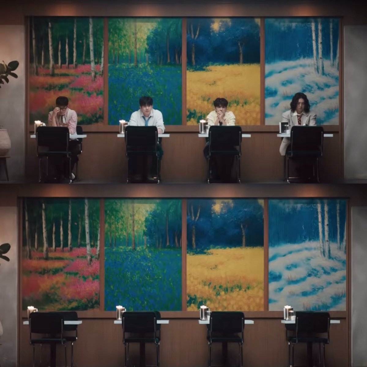 TOGETHER 은 TO GET HER 이고
그녀와의 사랑을 완성하기 위해서 멤버들이 계속 테스트1 테스트2 테스트3 이런식으로 실패할때마다 시나리오를 계속 돌리는거임
종이학 -> 반지 -> 꽃은
연애 초 -> 커플링 -> 기념일 이벤트
의 느낌인데 영현이랑 도운이가 계속 이런걸 기획하는거
첫씬에 나온 그림 ->