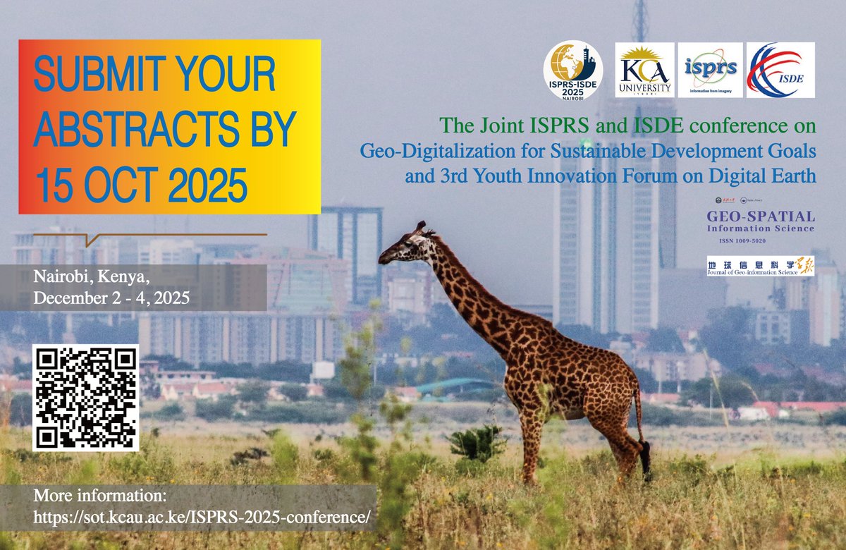 isprsisde_conf's tweet photo. 🚀 Ready to put your research on the global stage?
📅 Abstract submission closes: 15th Oct 2025
📍 ISPRS–ISDE 2025, Nairobi, Kenya https://t.co/ijDyiymV2Z