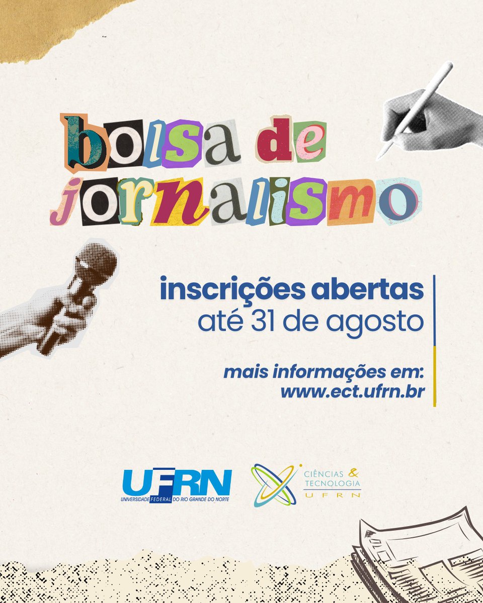 ‼️A Assessoria de Comunicação da Escola de Ciências e Tecnologia está com processo seletivo aberto para bolsista de jornalismo. É ofertada uma vaga remunerada para início imediato, além da formação de cadastro de reserva.
🔗Mais informações: encurtador.com.br/Q0A6Q