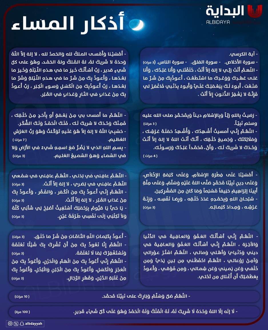 #أذكار_المساء ..

اللهم إني أعوذ بك من الهم والحزن، وأعوذ بك من العجز والكسل، وأعوذ بك من الجبن والبخل، وأعوذ بك من غلبة الدين، وقهر الرجال.

#الاهلي_نيوم 
#ضمك_الحزم 
#الخميس_الونيسᅠ