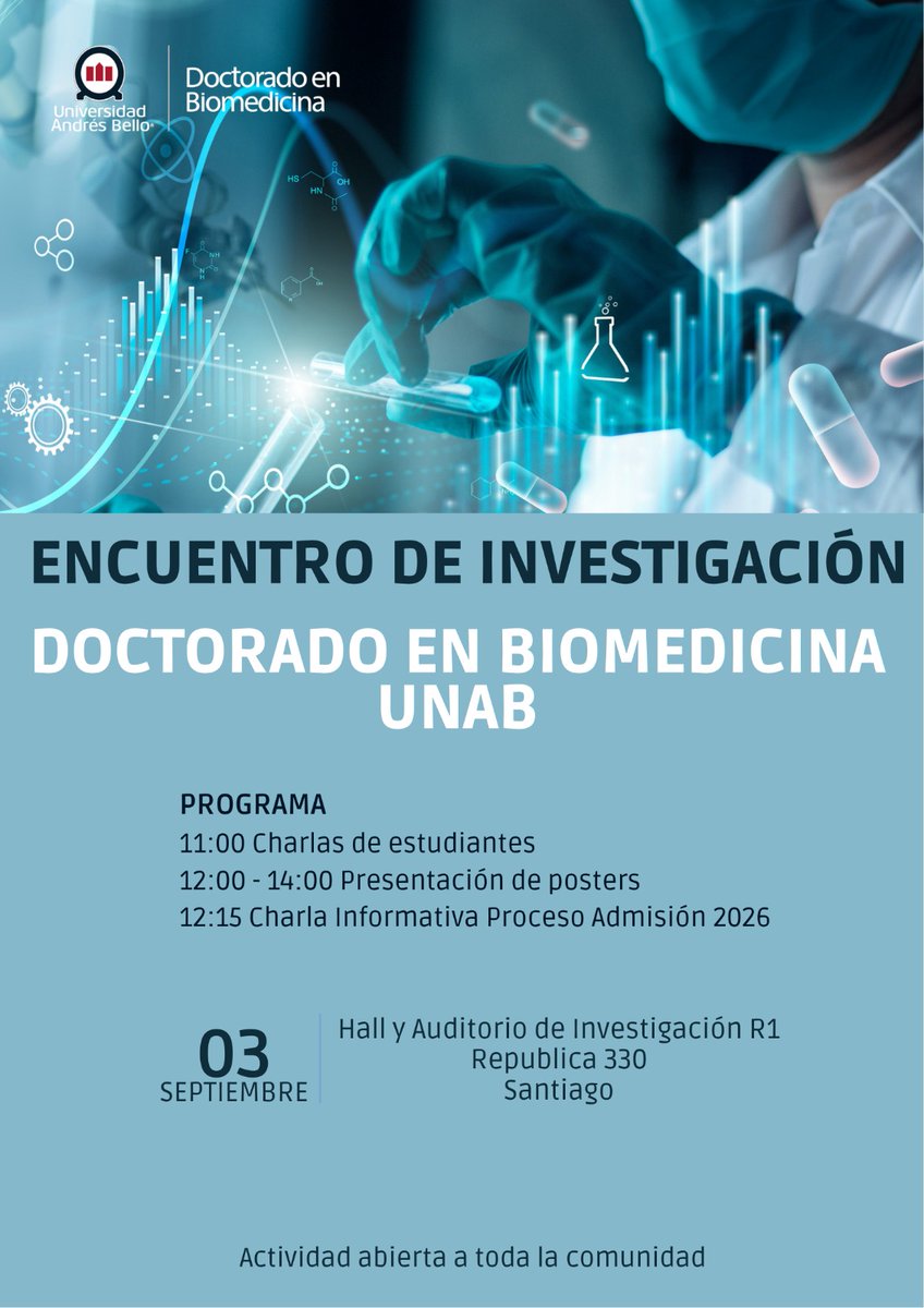 Postulantes a nuestro programa y comunidad están invitados a asistir a las charlas y presentación de trabajos hechos por estudiantes del Programa. Además, podrán conocer más de nuestro proceso de admisión

Inscripciones 👇🏻
tinyurl.com/yc7dmm53

<a href="/IBiomedicas/">Instituto de Ciencias Biomédicas UNAB</a> <a href="/DoctoradosUNAB/">Doctorados UNAB</a>