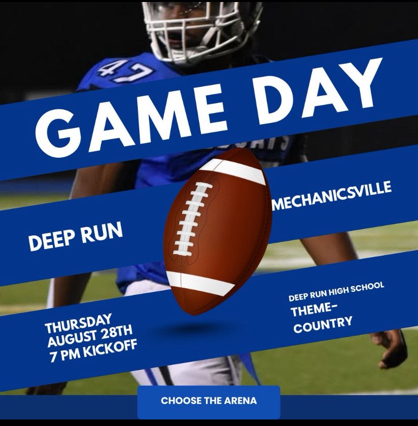 DRWildcatFB's tweet photo. GET UP, DEEP RUN! IT IS GAMEDAY!
The Varsity Football Wildcats welcome the Mechanicsville Mustangs to Short Pump tonight at home! Kickoff is set for 7 PM - the theme is COUNTRY! #ChooseTheArena #ForAllDeepRun https://t.co/z1A8uYn8rF