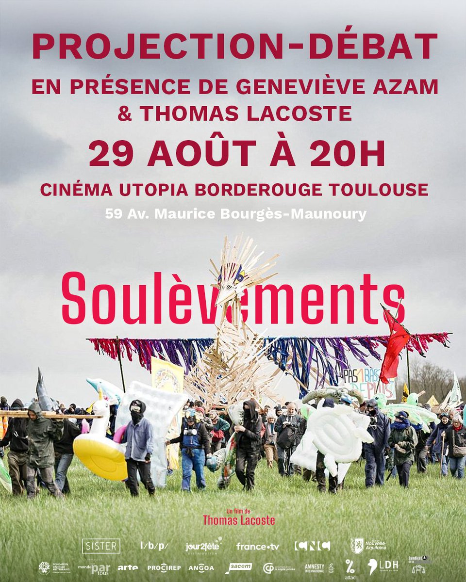 Demain, j'aurai le plaisir de présenter #Soulèvements à l'Utopia Toulouse Borderouge aux côtés de notre très chère amie Geneviève Azam en partenariat avec les Amis du Monde diplomatique.
Nous vous attendons très nombreuse·x !
Réservations conseillées auprès du cinéma ;)