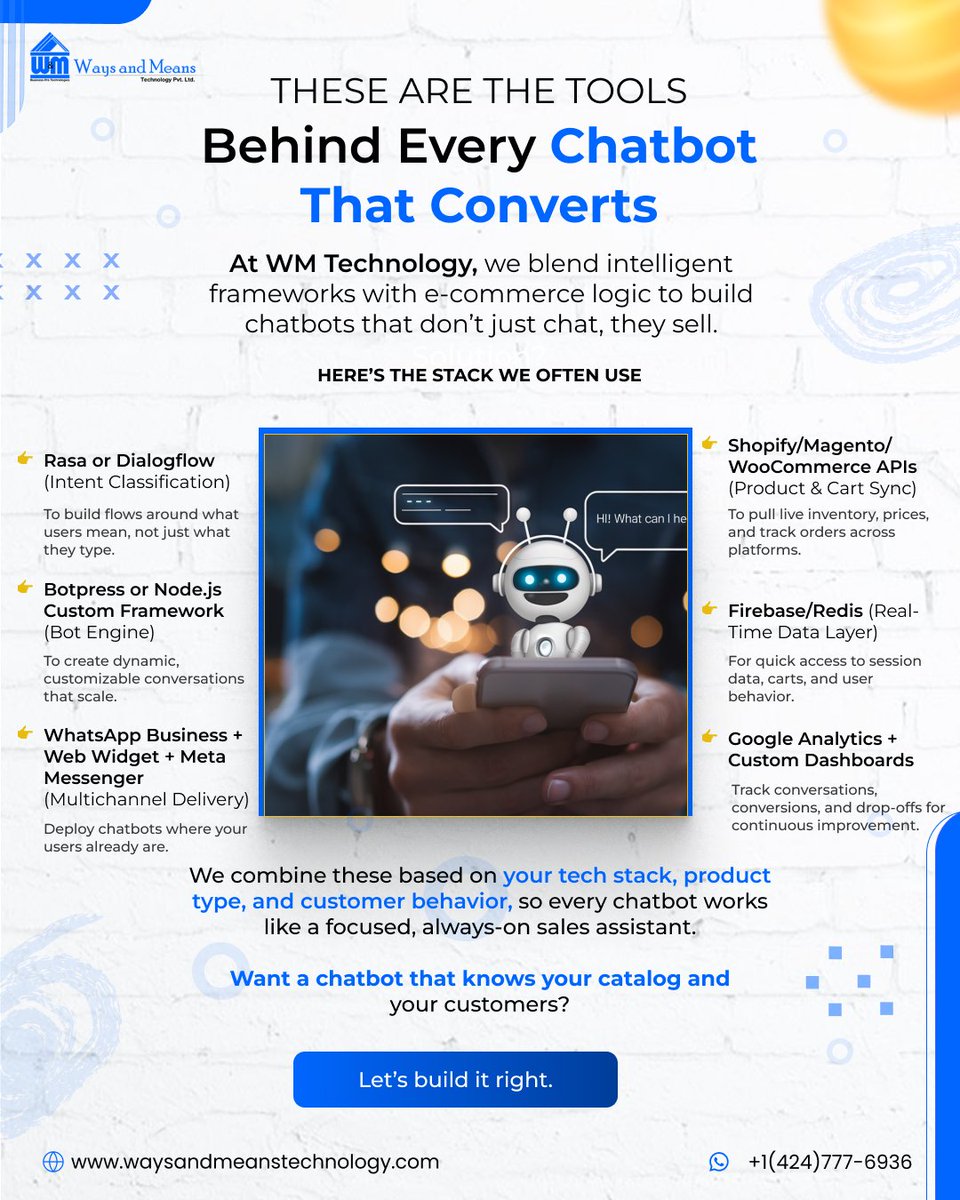 WMTechnology's tweet image. Smart bots need a smarter stack.
Here’s what we use to build e-commerce chatbots that close.
#WMTechnology #ToolboxThursday #ChatbotTools
waysandmeanstechnology.com | +1 (424) 777-6936