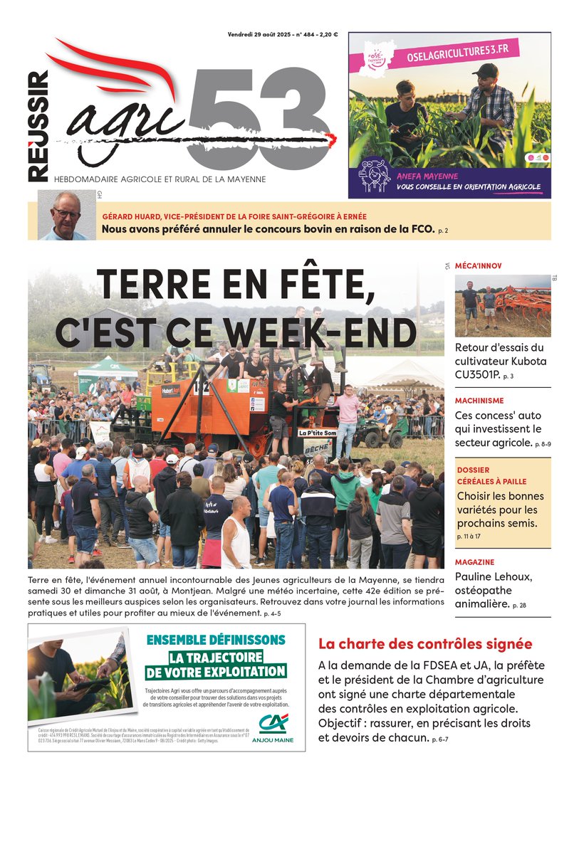 Demain, <a href="/Agri_53/">Agri53</a> ouvre sur #Terre en Fête avec les <a href="/JEUNESAGRI53/">JAMAYENNE</a>. Rdv ce week-end ! On parle aussi de Méca'Innov avec la <a href="/FRcumaOuest/">cuma de l'Ouest</a>, de la charte pour encadrer les contrôles en exploitation avec <a href="/Prefet53/">Préfète de la Mayenne</a> et <a href="/ChambagriPdL/">Chambres agri PdL</a>, de la Foire St-Grégoire et du métier d'ostéo animalier.