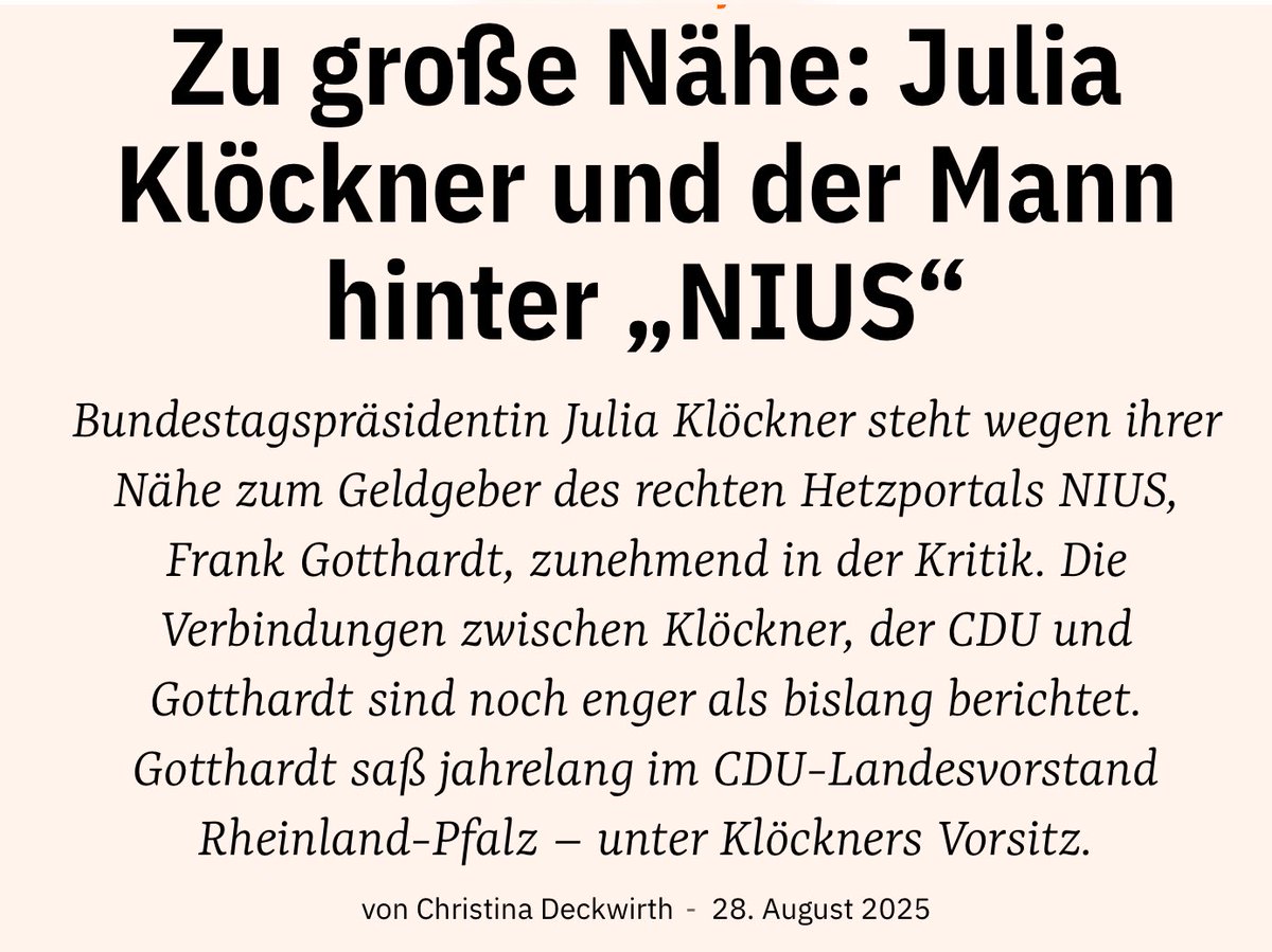 janoschdahmen's tweet image. Gotthardt machte mit Spahns Gesetzen Milliarden und finanziert heute NIUS. Klöckner hofiert ihn seit Jahren, in Rheinland-Pfalz wie im Bund, als Bundesschatzmeisterin der Union, nun sogar als Bundestagspräsidentin. 

Union &amp;amp; rechte Netzwerke sind enger verflochten als zugegeben.
