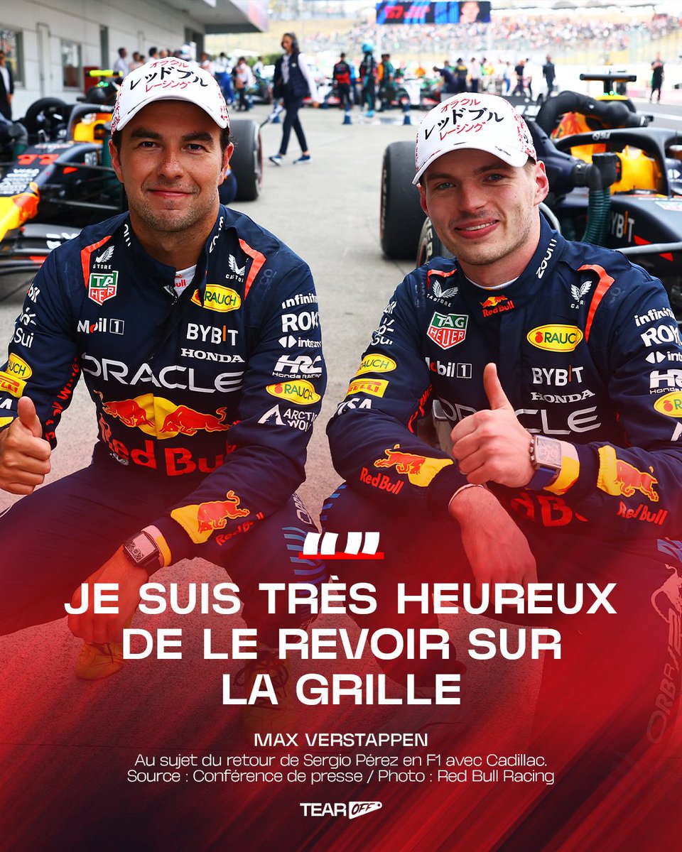 TearOffFR's tweet photo. 🔴 Max Verstappen se dit "très heureux" de revoir Sergio Pérez en F1 la saison prochaine avec Cadillac ! 😁

💬 "Je lui ai rapidement envoyé un message quand j’ai vu que la nouvelle était sortie. Bien sûr, je suis très content pour lui qu’il ait obtenu ce baquet. C’est un type génial et on s’est toujours très bien entendus, donc je suis très heureux de le revoir sur la grille."

"Le fait qu’il comprenne comment certaines voitures fonctionnent et d’autres moins, c’est très précieux pour Cadillac au début, car il a travaillé avec de très grandes équipes. Donc, j’espère que ça leur donnera un bon coup de pouce, car ce n’est jamais facile d’arriver en Formule 1 et d’être immédiatement compétitif."

(🗞️ Conférence de presse / #F1 / #DutchGP)