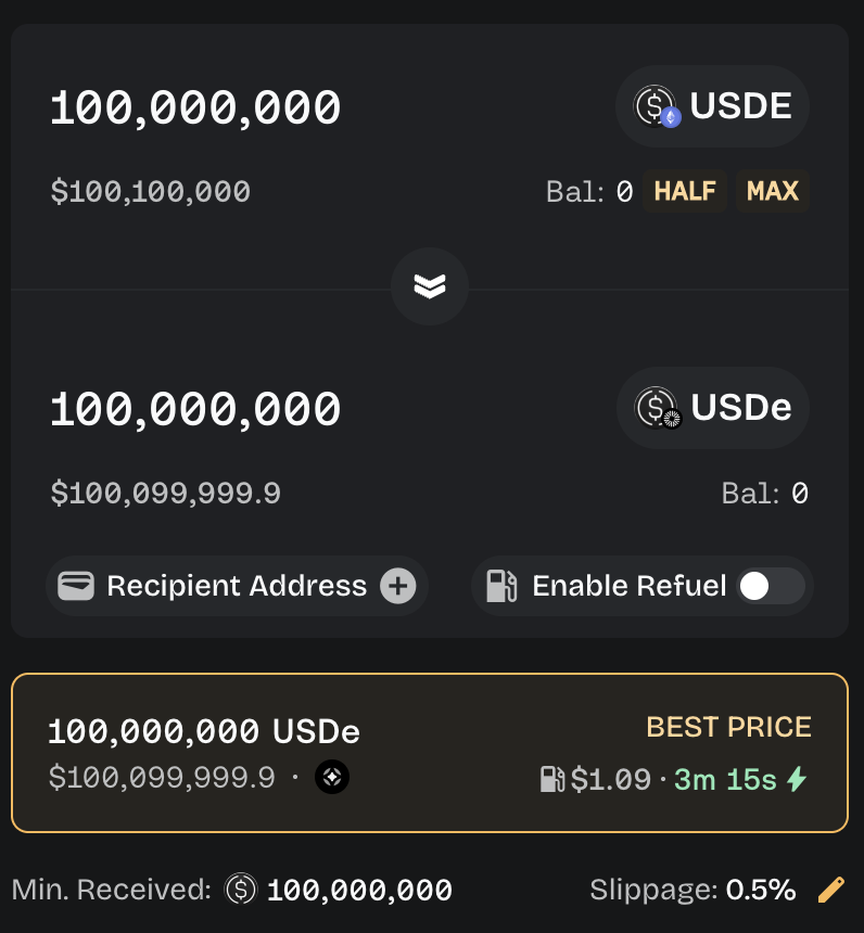 soham (@sohamshah__) on Twitter photo gm <a href="/ethena_labs/">Ethena Labs</a>
you can swap $100Mn USDe from Ethereum to Mantle with just $1 fee
<a href="/BungeeExchange/">Bungee</a> - a platform truly built for everyone - degens , normies , whales , institutions , arbitragers gm <a href="/ethena_labs/">Ethena Labs</a>
you can swap $100Mn USDe from Ethereum to Mantle with just $1 fee
<a href="/BungeeExchange/">Bungee</a> - a platform truly built for everyone - degens , normies , whales , institutions , arbitragers