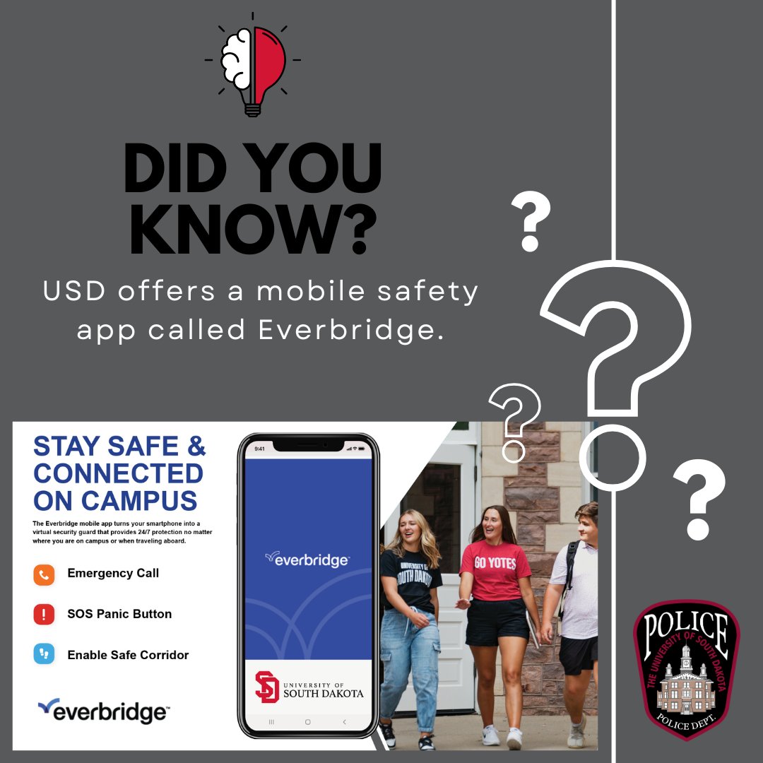 Did you know? 📱 USD offers the Everbridge safety app! Features include:
🚨 Emergency call button
🆘 SOS panic button
👣 Safe Corridor (virtual escort)

Stay safe—download today!