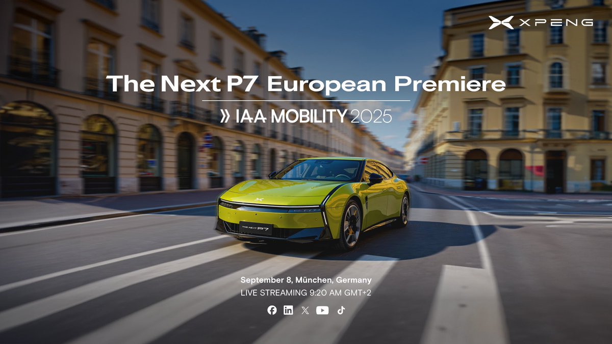 XPengMotors's tweet image. Hallo, München. 🇩🇪
The Next P7 makes its European premiere right here in Munich.
Join us for our flagship lineup, humanoid robot Iron, and even a chance to meet our CEO.
See you on September 8, Hall B1, Booth C20, Messe München. $XPEV