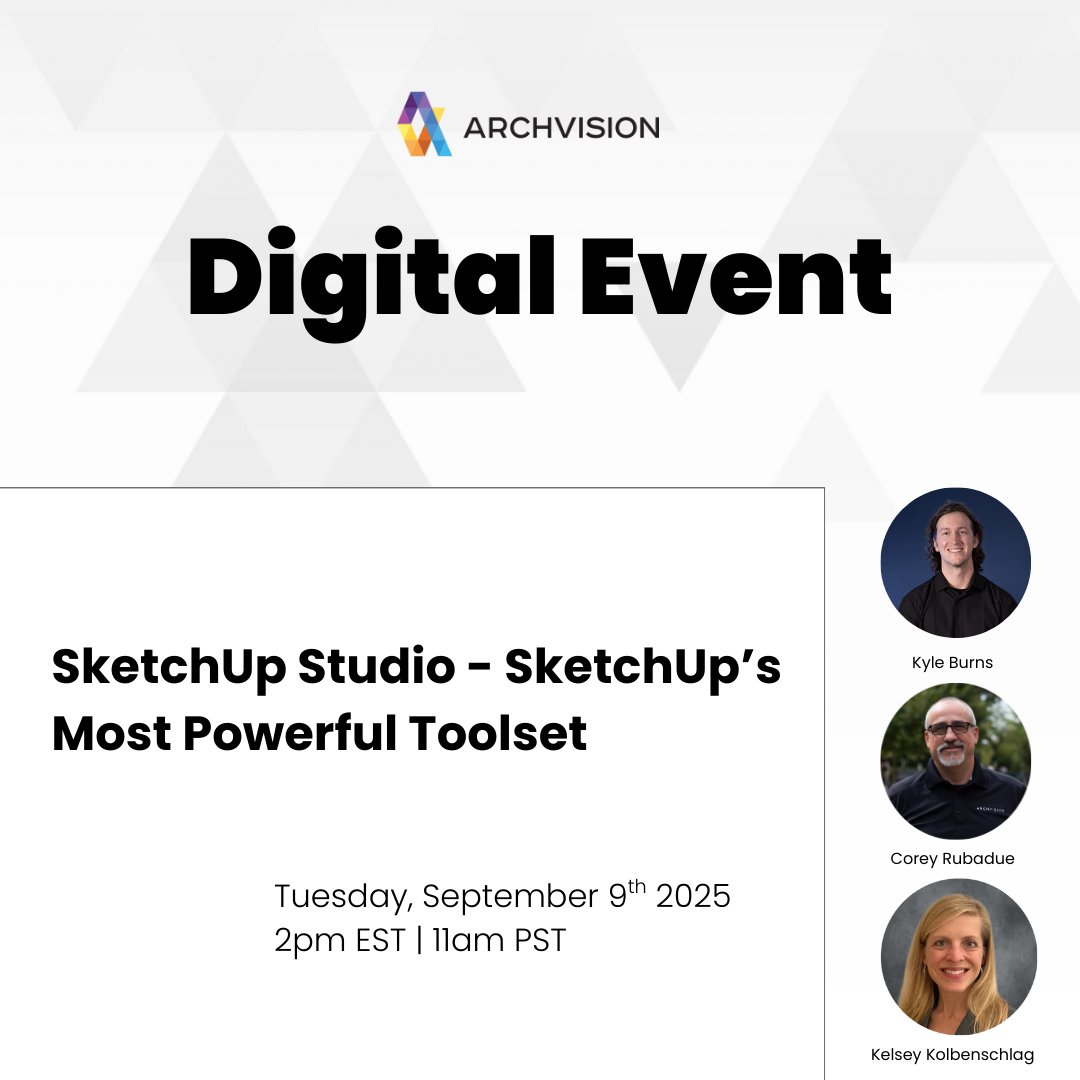 Ready to level up your SketchUp skills? 👀

ArchVision is teaming up with Kyle Burns from <a href="/TrimbleCorpNews/">Trimble Inc.</a> to showcase SketchUp Studio and its advanced features.

SketchUp Studio - SetchUp’s Most Powerful Toolset
📅Tuesday Sept. 9th
🕒2 pm EST
🔗bit.ly/4fTgC89