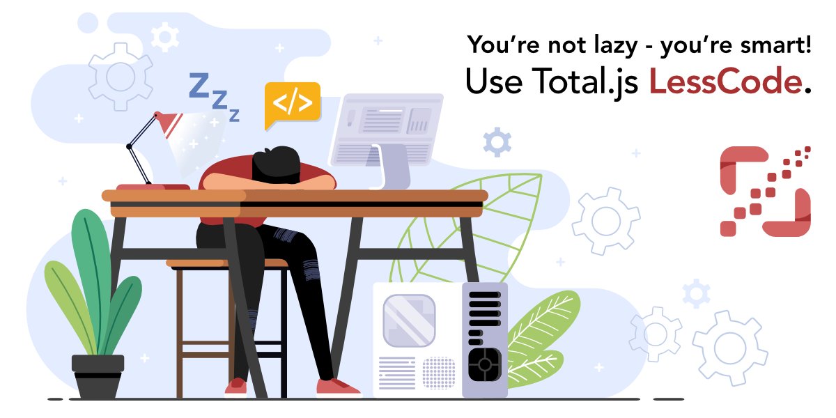 totalframework's tweet image. Total.js LessCode - You're not lazy - you're smart! Use Total.js LessCode. totaljs.com/lesscode/ #lesscode #totaljs #nodejs #code #programming #devtools #codesmarter #codelessdomore