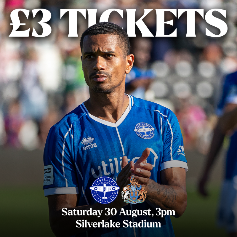 EastleighFC's tweet photo. THE COUNTDOWN IS ON ⏰

Tickets are selling FAST and with approximately 100 South Stand tickets remaining, we encourage supporters to secure theirs 🎟️

Bring your friends and family for just £3 per person, and spread the word: