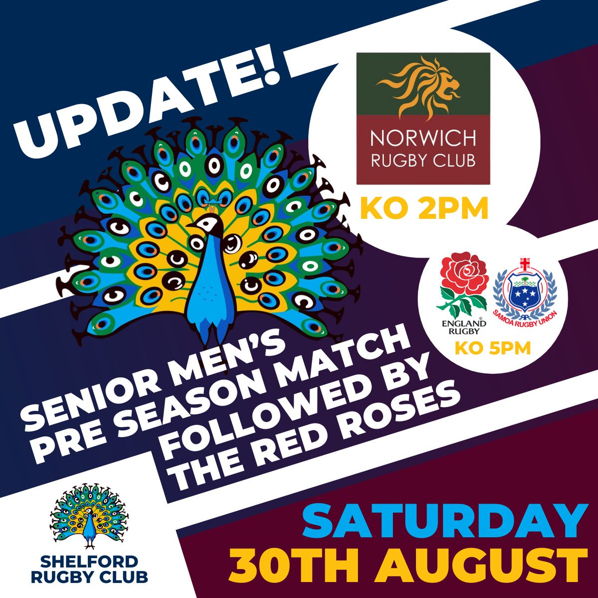 🏉 Pre-Season Update 🏉
This Sat: Senior Men's v Norwich (2pm KO, 3G)
Next Sat (6th Sept): League opener v Colchester 🦚
📺 Both days, stick around from 5pm to watch the Red Roses World Cup matches live in the clubhouse! 🍻
#Peacocks #PreSeason #RugbyFamily