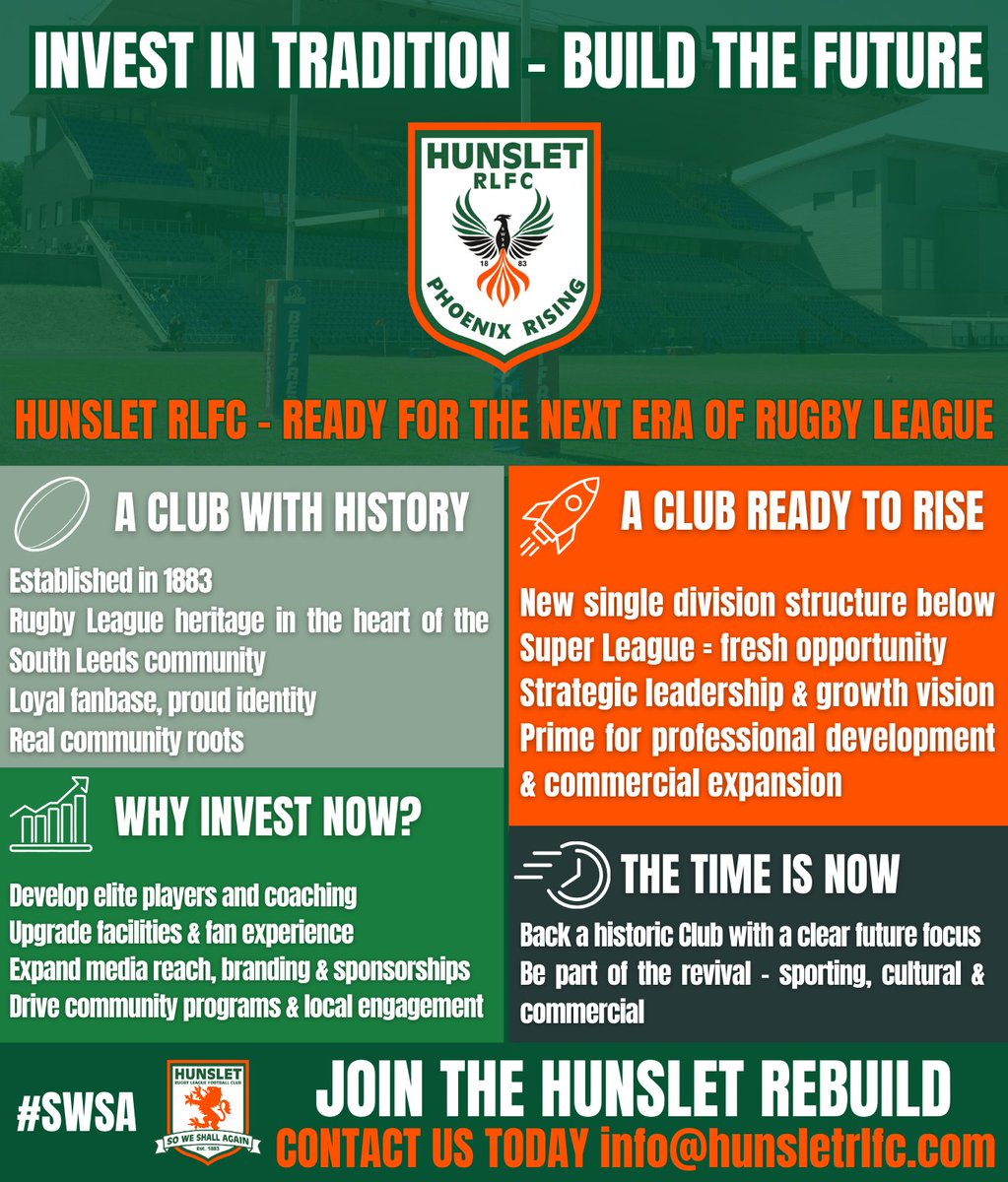 HunsletRLFC's tweet photo. We are seeking strategic investment partners to help propel Hunslet into a new era of performance, sustainability, and commercial success — not just to compete, but to lead. 

Contact us for more details on how you can get involved - info@hunsletrlfc.com 

#swsa https://t.co/6r0NOogcHz
