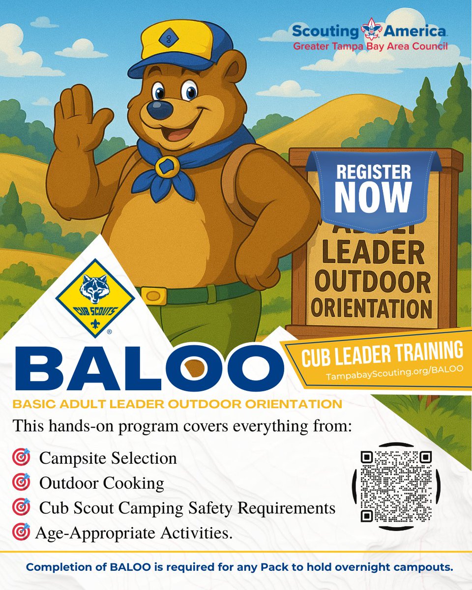 Ready to take your Pack outdoors?

BALOO (Basic Adult Leader Outdoor Orientation) is your ticket to safe, fun, and unforgettable Cub Scout camping adventures.

👉 Get certified today: scoutingevent.com/089-87031
