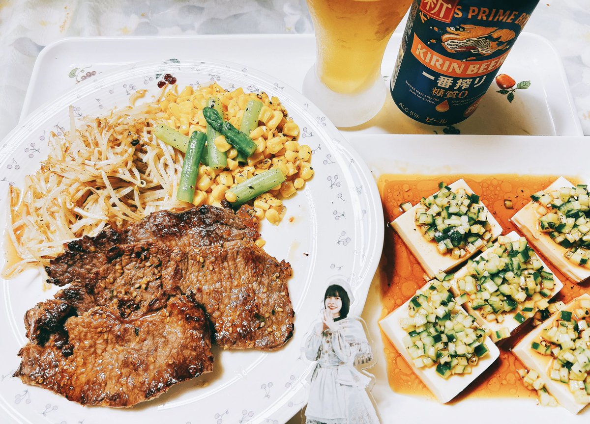 牛ロースソテー♡
ガーリックもやし炒め♡
アスパラコーンバター♡
ピリ辛きゅうり豆腐♡
＃ごっち飯 
＃のせちゃんご飯食べよ