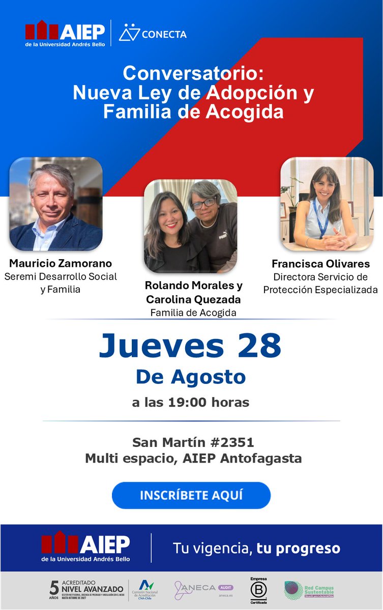 ¿Quiere saber en qué consiste la nueva Ley de Adopción..? Hoy tendrá lugar un interesante conversatorio en <a href="/AiepAntofa/">AIEP Antofagasta</a>, que además abordará la temática de las familias de acogida. ¡Venga y participe!
<a href="/MinDesarrollo/">Ministerio de Desarrollo Social y Familia</a> 
<a href="/DPRAntofagasta/">Delegación Presidencial Regional de Antofagasta</a> 
<a href="/VoceriaAntofa/">Vocería Antofagasta</a> 
#Antofagasta