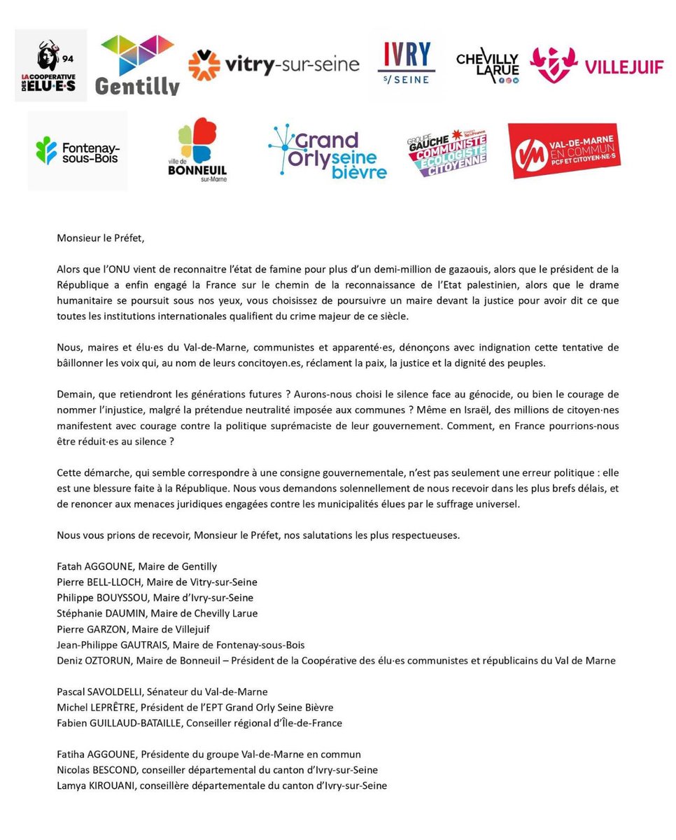 Solidarité avec le peuple palestinien ! 🇵🇸
Les maires et élu·es du Val-de-Marne, communistes et apparenté·es, dénoncent la tentative de bâillonner les voix qui réclament la paix, la justice et la dignité des peuples.
#cessezlefeu  #StopGenocideInGaza #FreePalestine