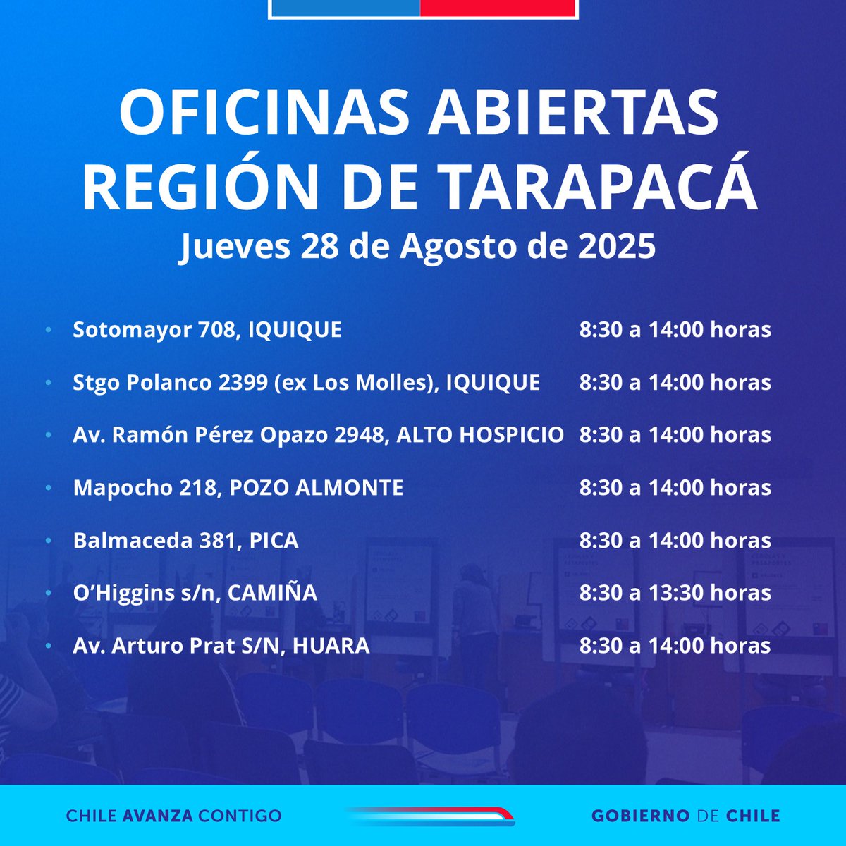 Si necesitas saber cuáles son las oficinas de nuestro servicio que hoy atienden en #Tarapacá, revisa esta información.

#Iquique #AltoHospicio #PozoAlmonte #Pica #Huara #Camiña