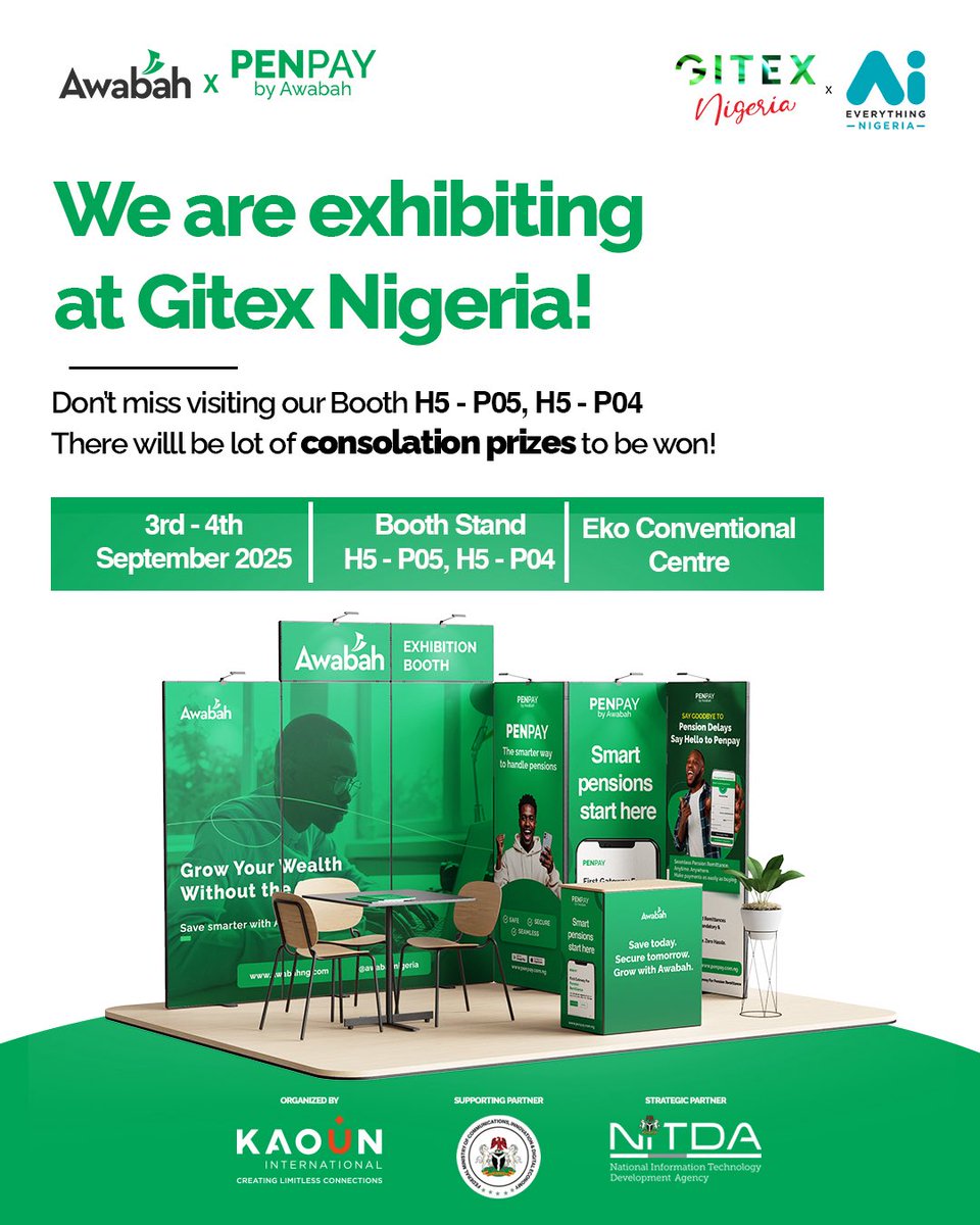 Awabah will be at <a href="/GITEXNG/">GITEX NIGERIA</a> with lots of freebies and prizes to be won! 

We have gifts for Valubah subscribers and new registrants.

Spin to win and lots of other consolation prizes to be won😝

Be at Awabah’s booth, September 3 &amp; 4 to be part of this.

#Gitex #tech #lagosevents