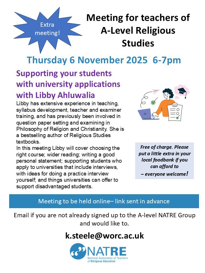 SteeleHeidi's tweet photo. Save the dates. Details of next term’s A-level NATRE group meeting  on 14th October to follow, and in addition, there’s this! @NATREupdate #TEAMRE https://t.co/sETl6Gm0vh