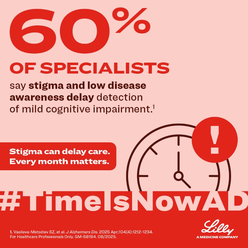60% of specialists say stigma and lack of awareness delay patients seeking help for early signs of Alzheimer’s disease.¹ At Lilly, we believe the time is now to tackle barriers to timely diagnosis and improved care support. Join the conversation during World Alzheimer’s Month.