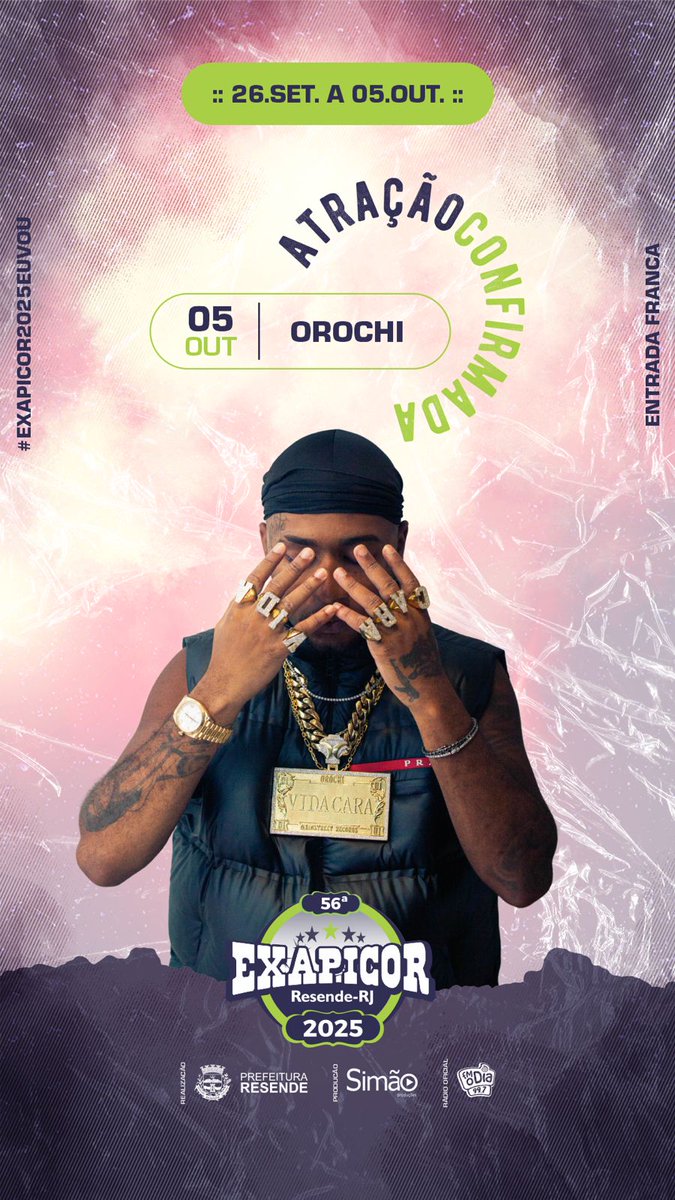 prefRESENDE's tweet photo. 🚨 CONFIRMADO | NÃO É SEGREDO: @orochi é mais uma atração confirmada da EXAPICOR 2025! O rapper promete fazer história no palco da tradicional festa de aniversário de Resende.

Os palpites estão afiados… Quem será que vai acertar a próxima atração divulgada da EXAPICOR 2025? 🤔 https://t.co/GGdfAq5Ump