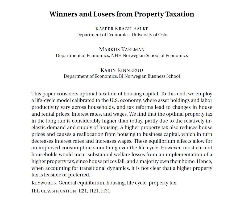 Higher property taxes raise long-run welfare. By shifting capital from housing to businesses they lower house prices and interest rates and boost wages, thereby improving life-cycle consumption smoothing. However, current homeowners lose from such a reform.econometricsociety.org/publications/q…