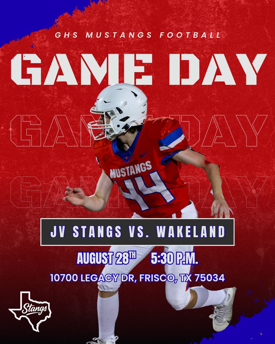 WEEK 1! JV GAME DAY!

🏈  AWAY at Frisco Wakeland 
📍  Frisco Wakeland HS: 10700 Legacy Drive
⏰  5:30 pm
🎟  events.hometownticketing.com/boxoffice/fris… 

#STANG106
#MustangID