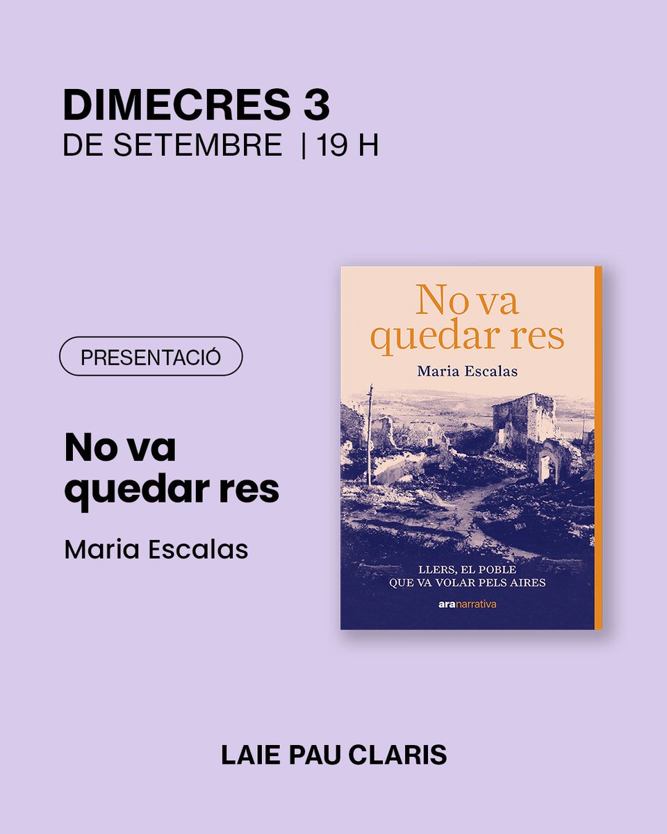 laie (@laietana) on Twitter photo 💡 Tornen les presentacions a #LaieLlibreriaCafè:
📖 Dimecres 3/09 serà el torn de 'No va quedar res', de <a href="/MariaEscalas/">Maria Escalas</a> (<a href="/arallibres/">Ara Llibres</a>).
ℹ️ L'autora conversarà amb Clàudia Pujol, directora de la revista <a href="/sapienscat/">Sapiens.cat</a>.
👉 laie.es/ca/agenda/pres…
#AgendaLaie #LaiePauClaris 💡 Tornen les presentacions a #LaieLlibreriaCafè:
📖 Dimecres 3/09 serà el torn de 'No va quedar res', de <a href="/MariaEscalas/">Maria Escalas</a> (<a href="/arallibres/">Ara Llibres</a>).
ℹ️ L'autora conversarà amb Clàudia Pujol, directora de la revista <a href="/sapienscat/">Sapiens.cat</a>.
👉 laie.es/ca/agenda/pres…
#AgendaLaie #LaiePauClaris