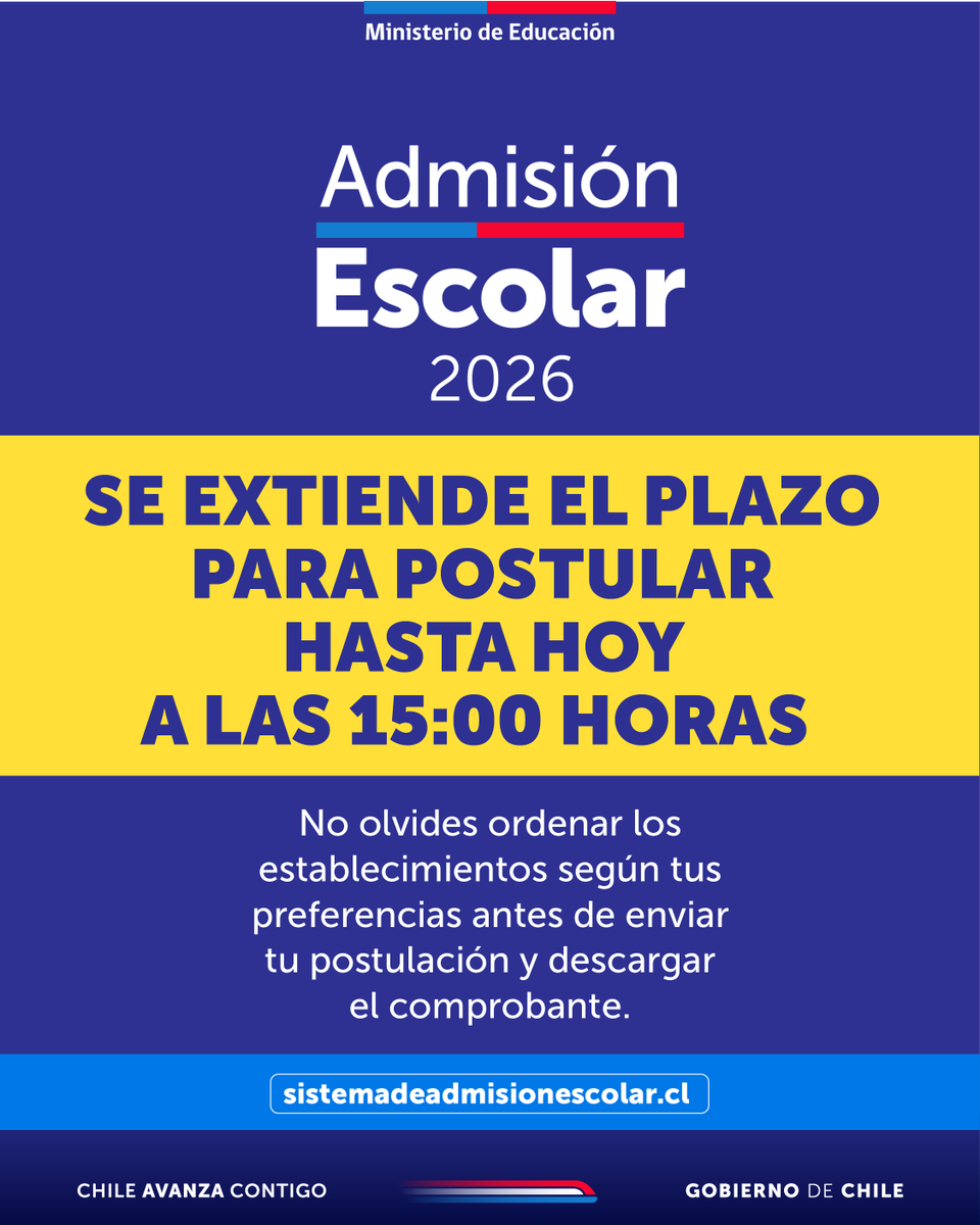 El proceso de Admisión Escolar 2026 cierra hoy a las 15:00 horas.

¡No olvides descargar tu comprobante cuando termines de postular!

Más información en sistemadeadmisionescolar.cl