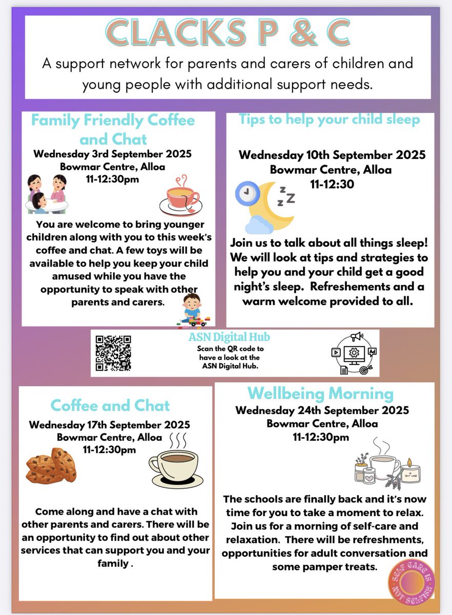 Clackmannanshire Council People Directorate (@clackseducation) on Twitter photo Clacks P&C are looking forward to welcoming parents and carers back after the summer holidays .  
Please join us on a Wednesday morning to have a cuppa, โ๏ธ a blether and opportunities to access advice and support for you and your family. 
We hope you can join us! Clacks P&C are looking forward to welcoming parents and carers back after the summer holidays .  
Please join us on a Wednesday morning to have a cuppa, โ๏ธ a blether and opportunities to access advice and support for you and your family. 
We hope you can join us!