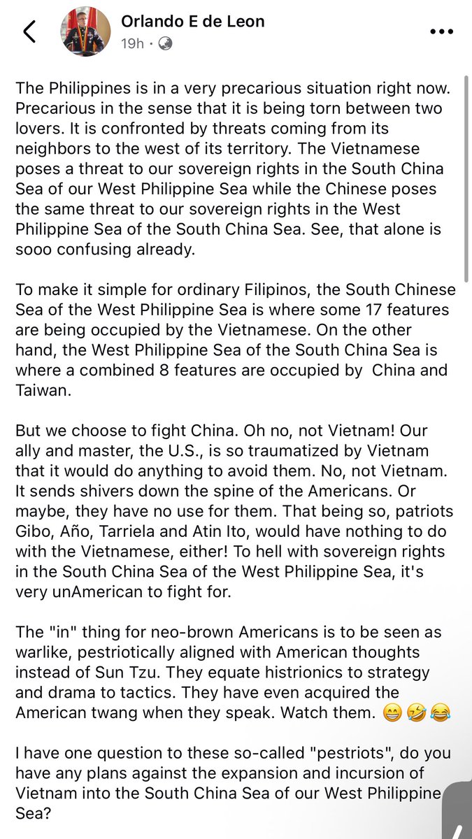 jaytaryela's tweet photo. Dear Brigadier General Orlando De Leon (Ret), 

I respect your passion and commitment to our national interests, but I feel compelled to point out why advocating for confrontation with Vietnam is misguided and, whether intended or not, serves to advance China’s interests by diverting attention from the actual threat we face. 

While the Philippines rightfully raises concerns over Vietnam’s reclamation activities, it is critical to recognize that Vietnam has occupied its features for decades. The status quo is that they occupy those features without any aggressive actions. Since the 2002 Declaration on the Conduct of Parties in the South China Sea, Vietnam has not occupied any new features and has never disturbed our presence on our occupied features. This reflects a longstanding presence, not new expansionism. 

In contrast, China’s occupation of Mischief Reef since 1995, a low-tide elevation just 130 nautical miles from Palawan, their illegal deployment of their maritime forces in Scarborough Shoal since 2012, and the persistent bullying of our PCG, BFAR vessels, and fishing boats represent the clearest and most dangerous violations of our sovereignty and sovereign rights.

If your patriotism is genuinely anchored in protecting our fishermen, service members, and our sovereignty and maritime rights, then our focus must be on China. It is China that has repeatedly bullied our people and endangered the AFP and PCG through aggressive actions—lasers, water cannons, and deliberate ramming.

As a retired brigadier general of the AFP—a distinction you continue to highlight on your Facebook profile with the insignia of your one-star rank—you are expected to be well-versed in the geopolitical realities at play and to uphold the Philippines’ firm stance against China’s belligerent actions. Yet, your arguments reveal a lack of grounding in international law and the imperatives of national sovereignty. It is also difficult to ignore that your recent rhetoric aligns with the surge of pro-China narratives directed at Vietnam. Is this truly your independent view, or are you lending your voice to a broader effort that serves Beijing’s interests?

Let us be clear: the Philippines’ position in the West Philippine Sea is not dictated by Washington or any outside power. It is grounded in international law and affirmed by our own national legislation, as President Ferdinand Marcos Jr. has strongly emphasized.

General De Leon, sir, with respect but equal candor, I urge you to reconsider. At a time when unity is vital, lending your voice to narratives that serve China’s agenda does a disservice to the Philippines. Piliin po natin ang Pilipinas, sir—huwag po tayong magpagamit sa China.