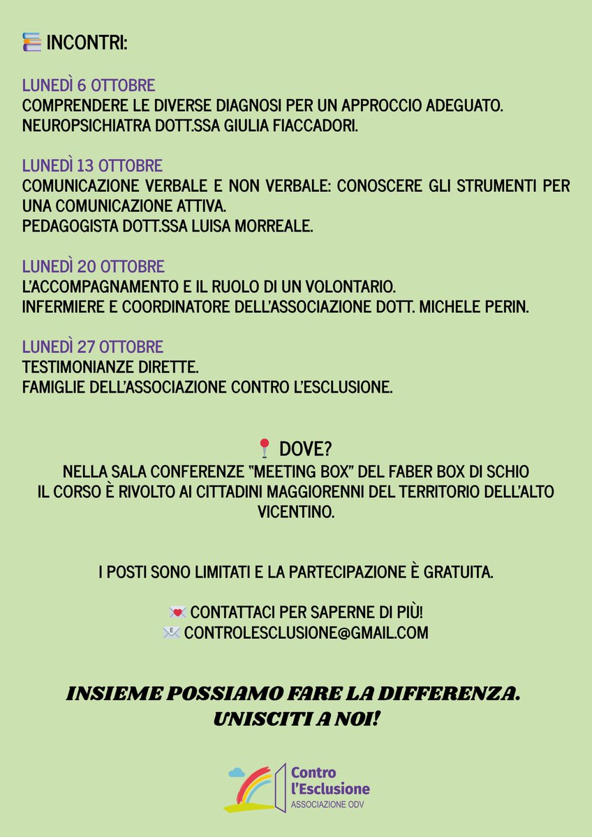 L’Associazione Contro l’Esclusione ODV, invita i cittadini maggiorenni dell’Alto Vicentino a partecipare al corso gratuito di formazione per volontari nel settore della disabilità, che si terrà nei mesi di ottobre, novembre e dicembre 2025