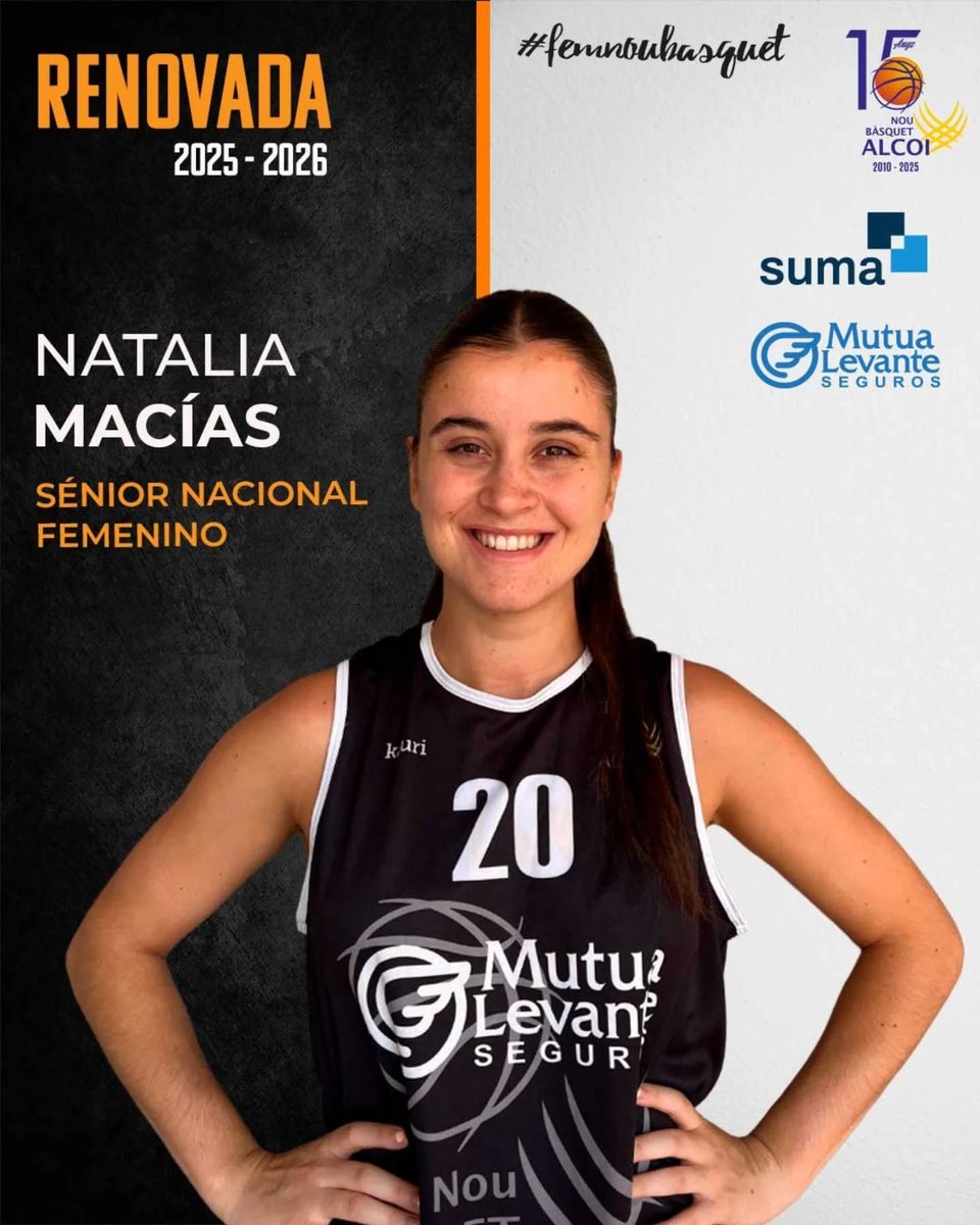 ℝ𝔼ℕ𝕆𝕍𝔸ℂ𝕀Óℕ 𝕀 𝕊Éℕ𝕀𝕆ℝ 𝔽𝔼𝕄𝔼ℕ𝕀ℕ𝕆 ℕ𝔸ℂ𝕀𝕆ℕAL 𝗡𝗔𝗧𝗔𝗟𝗜𝗔 𝗠𝗔𝗖𝗜𝗔𝗦
Jugadora nacida en Banyeres, pero lleva con nosotros desde categoría infantil.
<a href="/mutualevante/">Mutua Levante Seguros</a>
@Sumagestiontriburatia
#FemNouBasquetAlcoi
