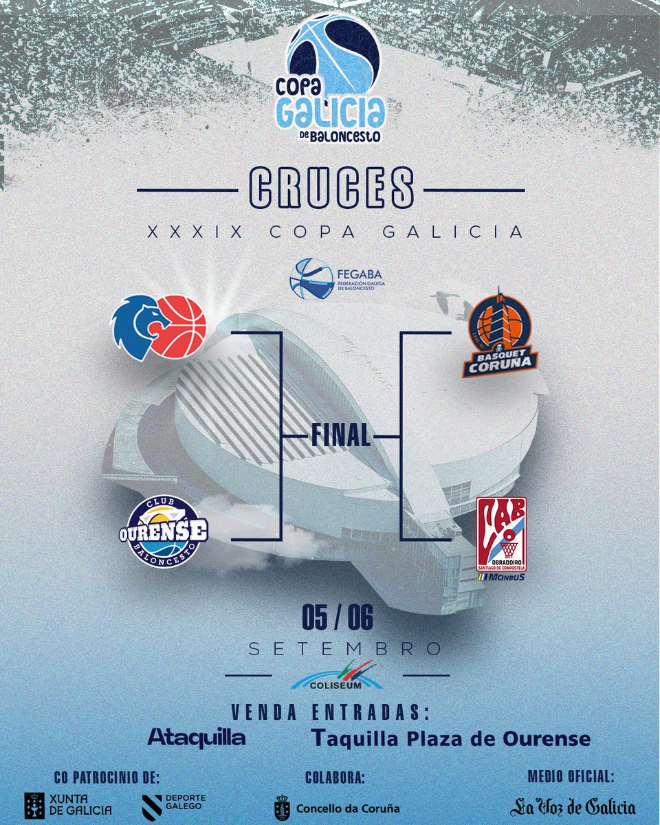 FGB (@fgb_baloncesto) on Twitter photo 🤩 A 3️⃣9️⃣Copa <a href="/Xunta/">Xunta de Galicia</a> coñece os seus enfrontamentos!
🔛 Celebrado o sorteo esta mesma mañá no Coliseum a
emoción dos duelos de Semis virá da man de ⬇️
⛹️ <a href="/CBBreogan/">Río Breogán</a> 🆚 <a href="/COBSAD/">Club Ourense Baloncesto</a> (18:30 h)
⛹️ <a href="/basquetcoruna/">Leyma Basquet Coruña 🍊</a> 🆚 <a href="/OBRADOIROCAB/">OBRADOIRO CAB</a> (21:00 h)
📅 Venres 5️⃣ no Coliseum! 🤩 A 3️⃣9️⃣Copa <a href="/Xunta/">Xunta de Galicia</a> coñece os seus enfrontamentos!
🔛 Celebrado o sorteo esta mesma mañá no Coliseum a
emoción dos duelos de Semis virá da man de ⬇️
⛹️ <a href="/CBBreogan/">Río Breogán</a> 🆚 <a href="/COBSAD/">Club Ourense Baloncesto</a> (18:30 h)
⛹️ <a href="/basquetcoruna/">Leyma Basquet Coruña 🍊</a> 🆚 <a href="/OBRADOIROCAB/">OBRADOIRO CAB</a> (21:00 h)
📅 Venres 5️⃣ no Coliseum!