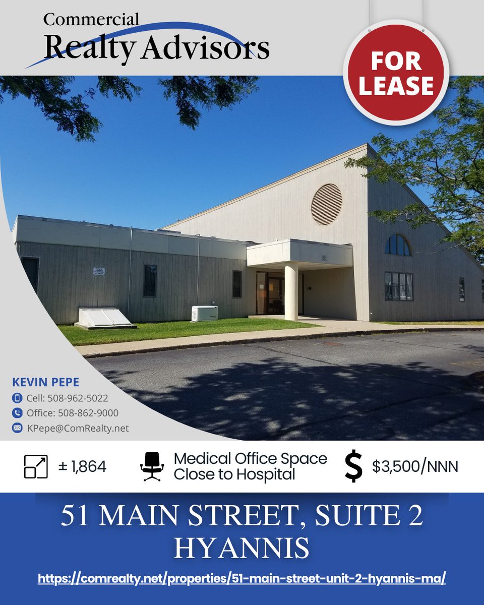 ComRealtyNet's tweet image. 51 Main Street, SUITE 2, Hyannis:
- less than half a mile to CCH
- Property is within an opportunity zone
- 1,800+ sf of first floor space with multiple private offices and exam rooms
- Ample parking

#medicalofficecapecod #capecodhealthcare #mainstreethyannis