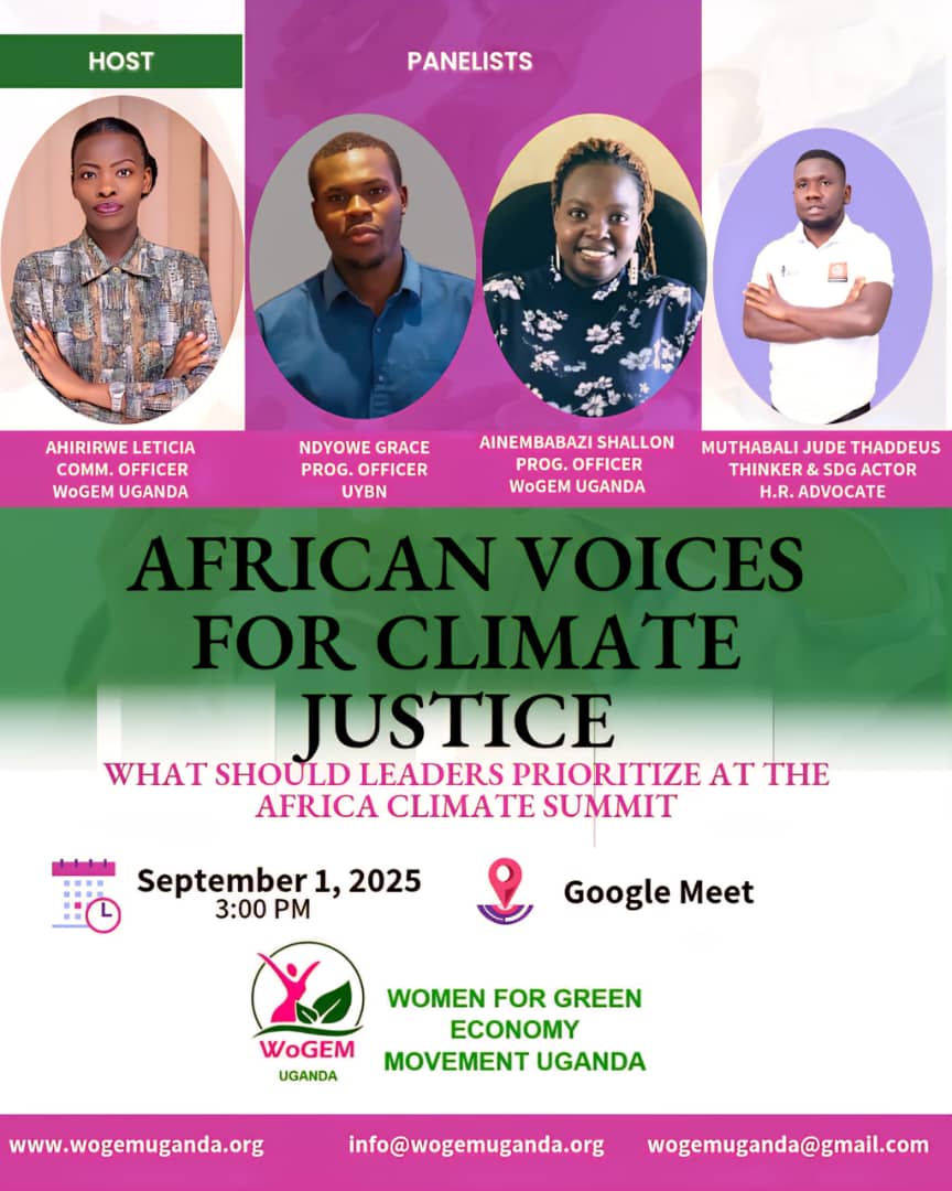 We are glad to share that one of our #founders <a href="/ahirirwe_l/">Ahirirwe Leticia</a> will be moderating a dialogue for the upcoming African Climate Summit, hosted by <a href="/WogemU/">Women for Green Economy Movement Uganda</a>

🗓️Date: 01.09.2025 
🕝Time :3:00 PM

📍Location: Google Meet

Link:meet.google.com/vzn-tpdw-eyx
Don't miss out on this opportunity