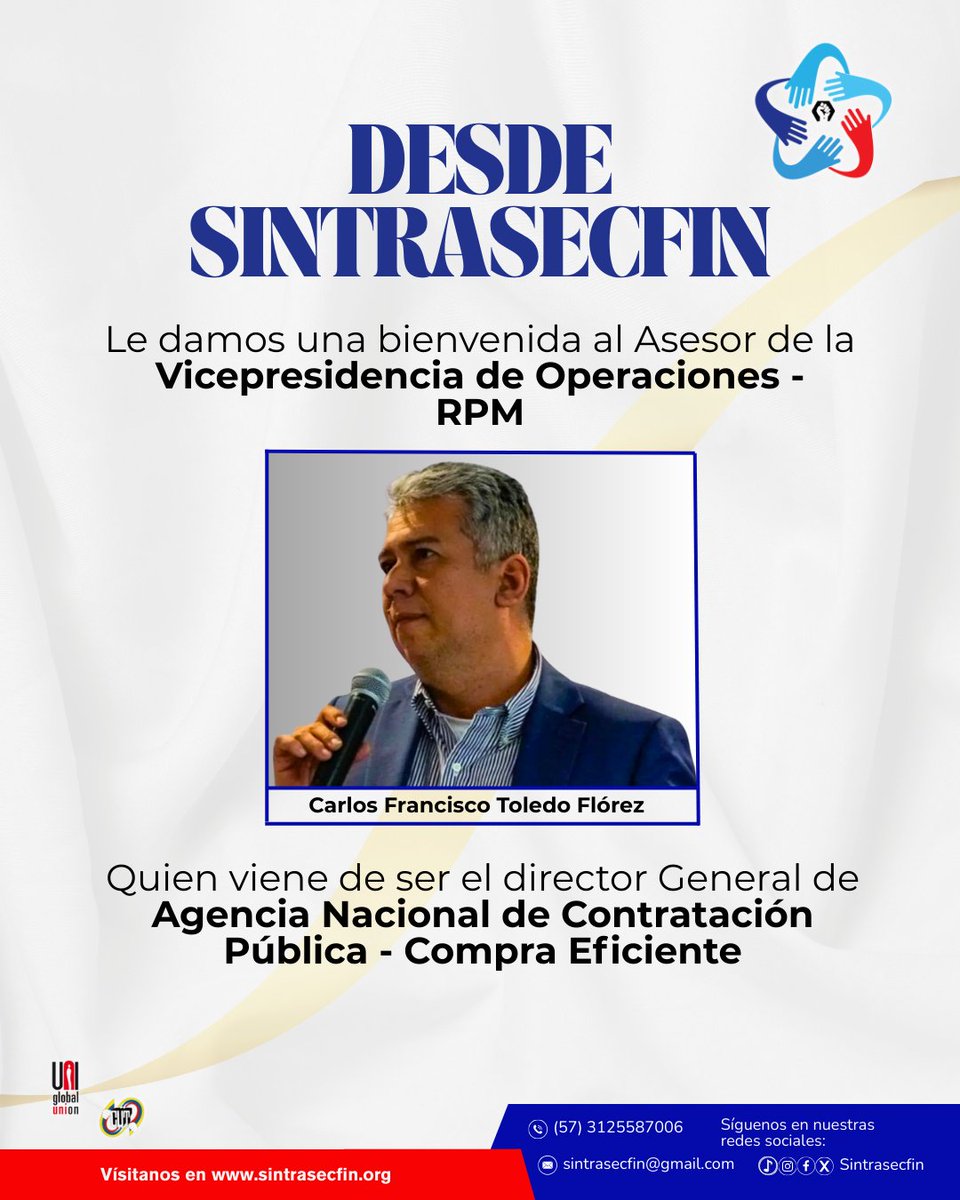 📢Le damos la bienvenida a Carlos Francisco Toledo Florez, Asesor de la Vicepresidencia de Operaciones - RPM.

<a href="/Colpensiones/">Colpensiones</a> <a href="/dussanja/">Jaime Dussán Calderón</a> 
#FelizMiércolesATodos #Bienvenida