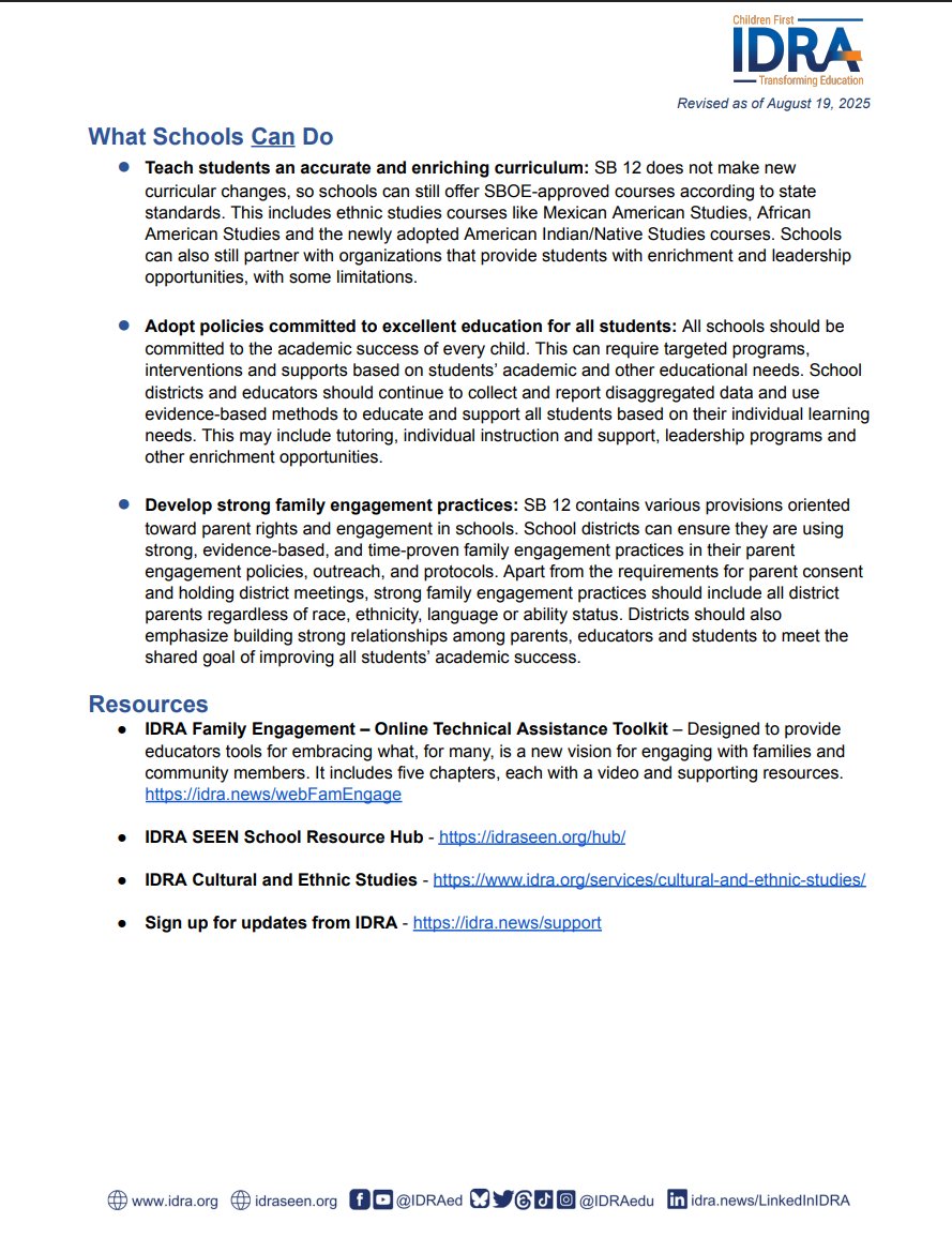 As I was just prompted to fill out my parental permissions for my son's school so he can get a bandaid and join a club, per Texas #SB12, remember that schools must still support ALL students to succeed and thrive. Here's the <a href="/IDRAedu/">IDRA</a> explainer: