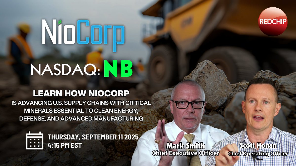 RedChip's tweet photo. 📣 Live Q&A with @NioCorp $NB on domestic scandium supply 

$NB's Elk Creek Project aims to build a U.S. mine-to-manufacture scandium supply chain in Nebraska. Company leadership will cover why scandium and niobium matter for lighter, stronger alloys in aerospace and defense, plus context on the recent $10M DoD agreement.

When: September 11 at 4:15 PM ET
Register now: https://t.co/m90Gc4N9uX

$NB $MP $ARA $ILU $PPTA $TECK $KGC $USGO $NG $THM $WRN $HL $GPH $NST $FVL $CTGO