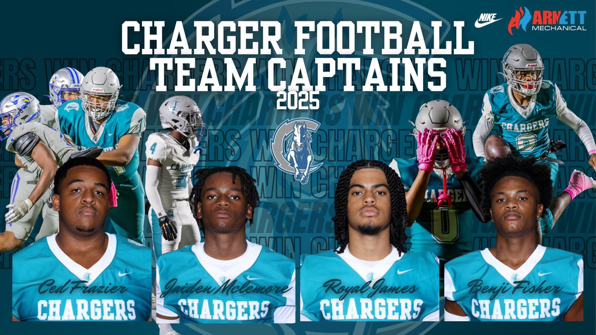 YOUR 2025 CHARGER FOOTBALL TEAM CAPTAINS! 

OL - Ced Frazier, SR
LB - Jaiden McLemore, SR
LB - Royal James, SR
QB - Benji Fisher, JR

Ready to see these guys lead our Chargers to success! 

#ChargersWin